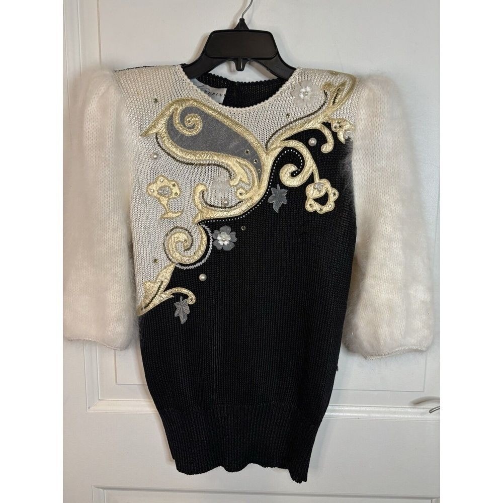 Gatsby Style Embellished Black White Gold Bird Jeweled Sweater Size Medium